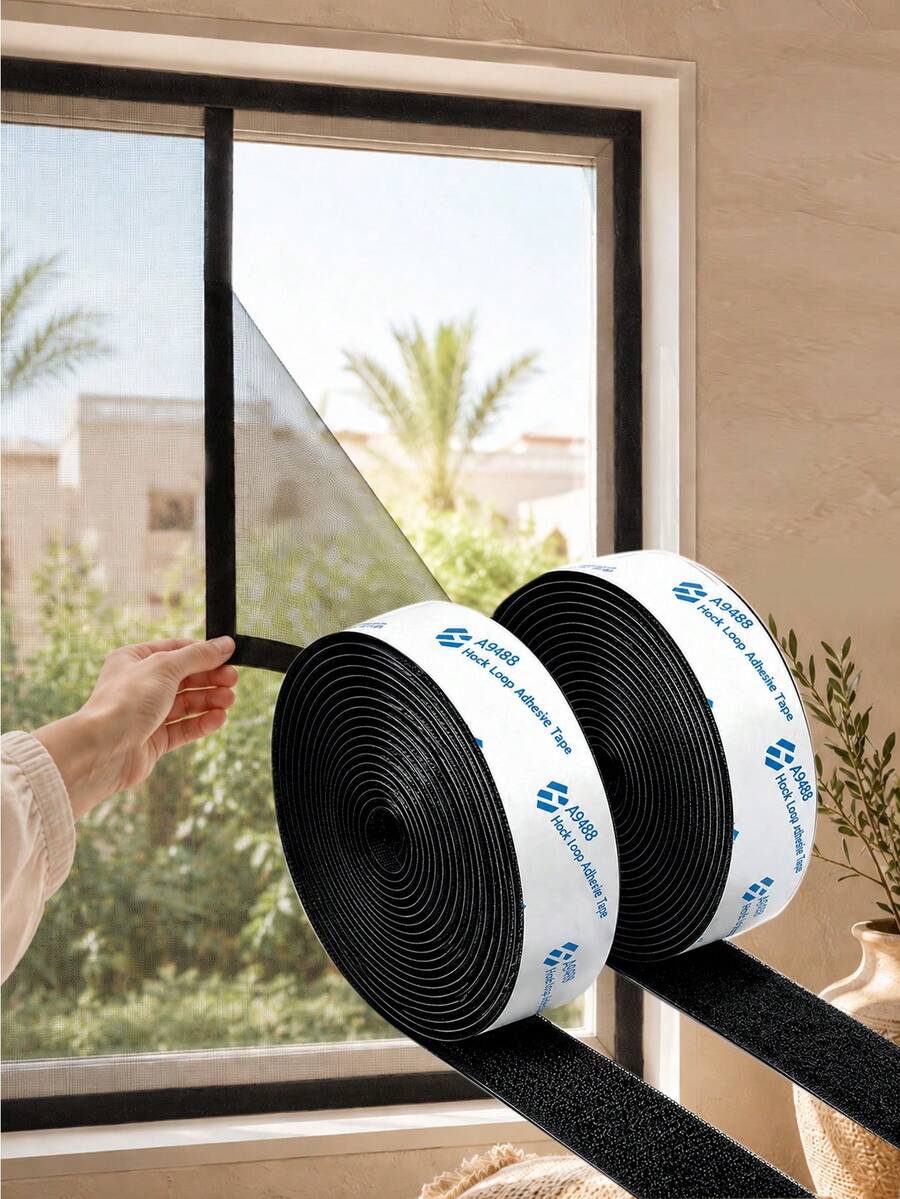 Cinta autoadhesiva de gancho y bucle para cortina de pantalla de ventana, tira de fijación adhesiva recortable para instalación de pantalla de malla, fijación DIY para ventanas del hogar - negro - Ver 1