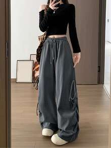 Spring/Summer Korean Style Elastic Waist Slimming Tie Bow Loose Wide Leg Sweatpants Long Pants For Women - Dark Grey - View 4