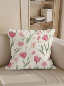 shangxia 1PC--Fresh Watercolor Pink Tulip Print Pillowcase, Gentle Floral Cushion, Living Room Sofa Bedroom Atmosphere Decorative Pillow --(Pillow Insert Not Included)---(Multiple Sizes)---(No Embroidery)---(Single-Sided Print) - Multicolor - View 3