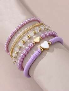 Set 5 buah Gelang Perhiasan Anak-anak Bentuk Hati dengan Manik-manik Kristal Mutiara Imitasi yang Lucu, Cocok untuk Pesta Liburan, Hadiah Ulang Tahun, Aksesori Anak Perempuan - Satu-Ukuran - View 6