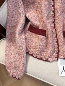Pink And Red Contrast Trim Knit Cardigan - Autumn/Winter Style, With Gold Buttons And Functional Pockets, Christmas Party - Pink - View 5