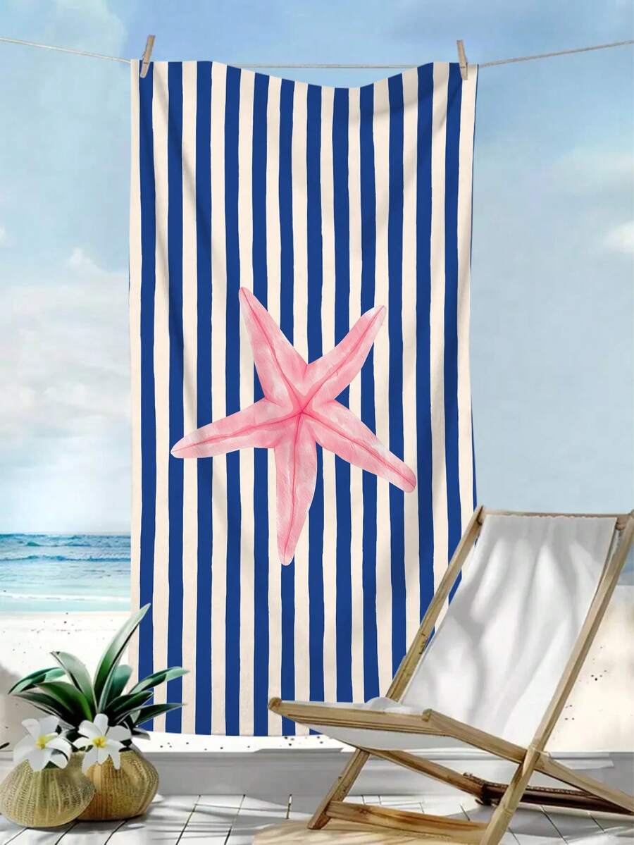1pc Blue Striped Beach Towel, Minimalist Striped Starfish Print Large Beach Towel, Ultra-Fine Fiber Quick-Dry Absorbent Sand-Resistant Beach Towel, Towel, Suitable For Travel, Swimming Pool, Diving, Surfing, Yoga, Camping, Beach Party And Party Decoration Beach Towel, Summer Beach Travel Essential, Vacation Bathroom Decoration Water Party Multi-Functional Beach Towel - Dark Blue Stripes - View 1