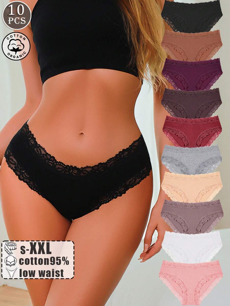 10 Pcs Women's Multicolor Cotton Threaded Small Lace Comfortable And Breathable Low Waisted Triangle Pants - Nhiều màu - Xem 1