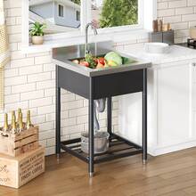 Freestanding Stainless Steel Sink For Outdoor Use, 60x60cm, With Tap And Drain, Including Shelf, Spacious Single-Basin Design, Suitable For Kitchen, Garden, Workshop And Commercial Use - 黑色 - 查看 4