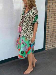 Große Größen V-Ausschnitt Leopardenmuster Blattmuster Kurzarm Kleid, lockeres lässiges Kleid mit Saumspalt elegant Urlaub Sommer - hellgelb - Übersicht 3