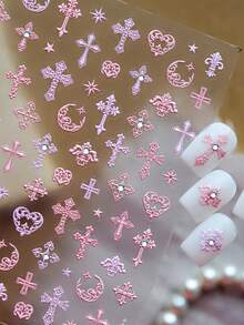 1 Blatt geprägte gotische Kreuz Nagelaufkleber, rosa & lila Kreuz & Mond-Herz-Design mit Strass, selbstklebende Nagelaufkleber für Alltag & Party - Verschiedenfarbig - Übersicht 3