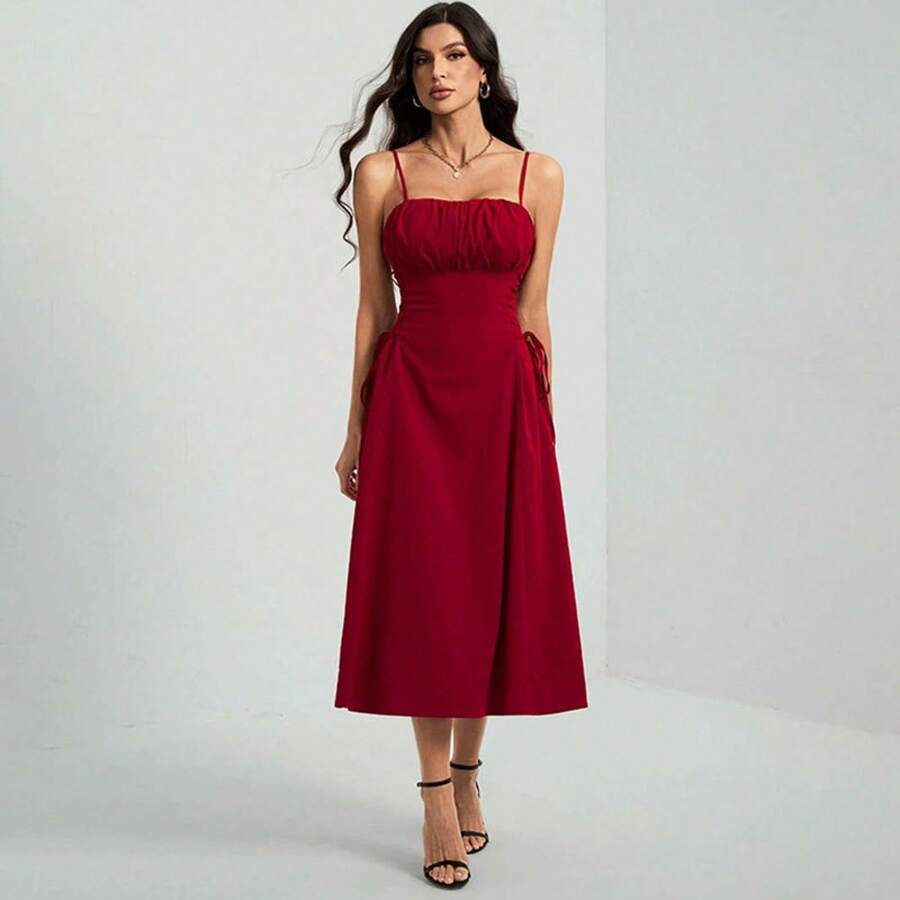 Solid Color Strappy Dress With Ruched Bodice And Side Drawstring - Red - View 1