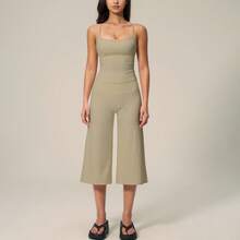 TimeOff Women's One Set Solid Color Adjustable Strap Camisole & Wide Leg Mid-Length Pants Sports Set - Khaki - View 9