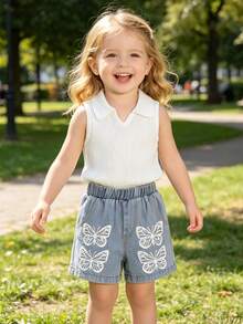 2pcs/Set Young Girls Casual Fashion Elegant Cute, Soft Comfortable, Minimalist Solid Color V-Neck Knit Vest And Butterfly Print Denim Sports Shorts, Girls Clothing Set, Children Girls Clothing, Girls Clothing, Girls Clothing, Suitable For Daily Wear, Home, Vacation, Party, Outdoor Activities - Multicolor - View 1