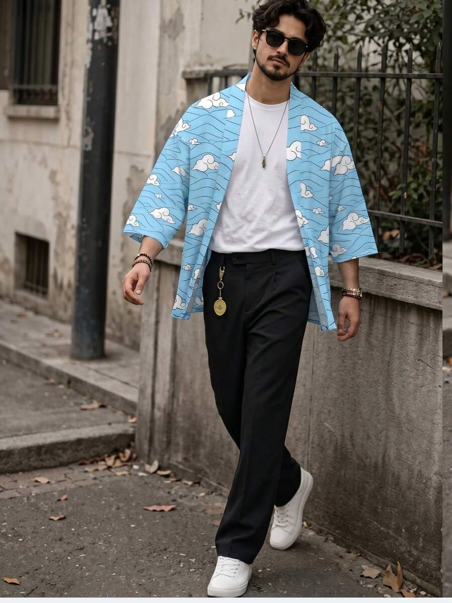 男士和服式開襟襯衫,藍色雲朵印花,百搭單層上衣 - 藍色 - 查看 1