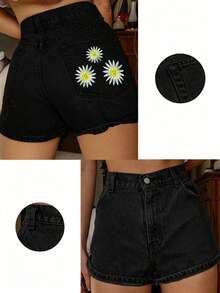 Shorts de mezclilla sin estiramiento con bolsillos y bordado para adolescentes y estudiantes femeninas - Negro - Ver 3