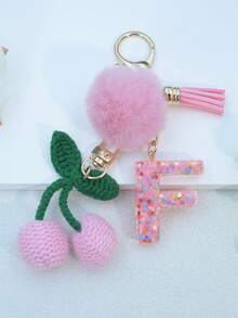 1pc Resin Starry Sky Epoxy English Letter Keychain With Tassel And Black Fur Ball Decoration, Heart Pendant Gift For Friend And Mom - Baby Pink - View 7
