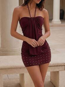 Vestido mini ajustado de mujer color burdeos, sexy y encantador, con cuello halter, drapeado y plisado, con decoración de remaches, adecuado para verano, otoño, regreso a la escuela, cita nocturna, discoteca y fiesta - Burdeos - Ver 7