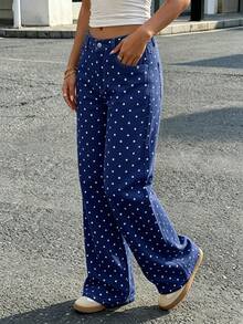 Celana Jeans Wanita Motif Polkadot Lucu, Celana Panjang Kasual, Desain Detail Kancing dan Resleting, Kain Tidak Melar - Navy Blue - View 7