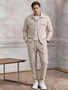 2pcs Men's Casual Solid Color Shirt With Dual Pockets & Collar + Pants Set, Lightweight Sporty Vacation Outfit, - Khaki - View 1