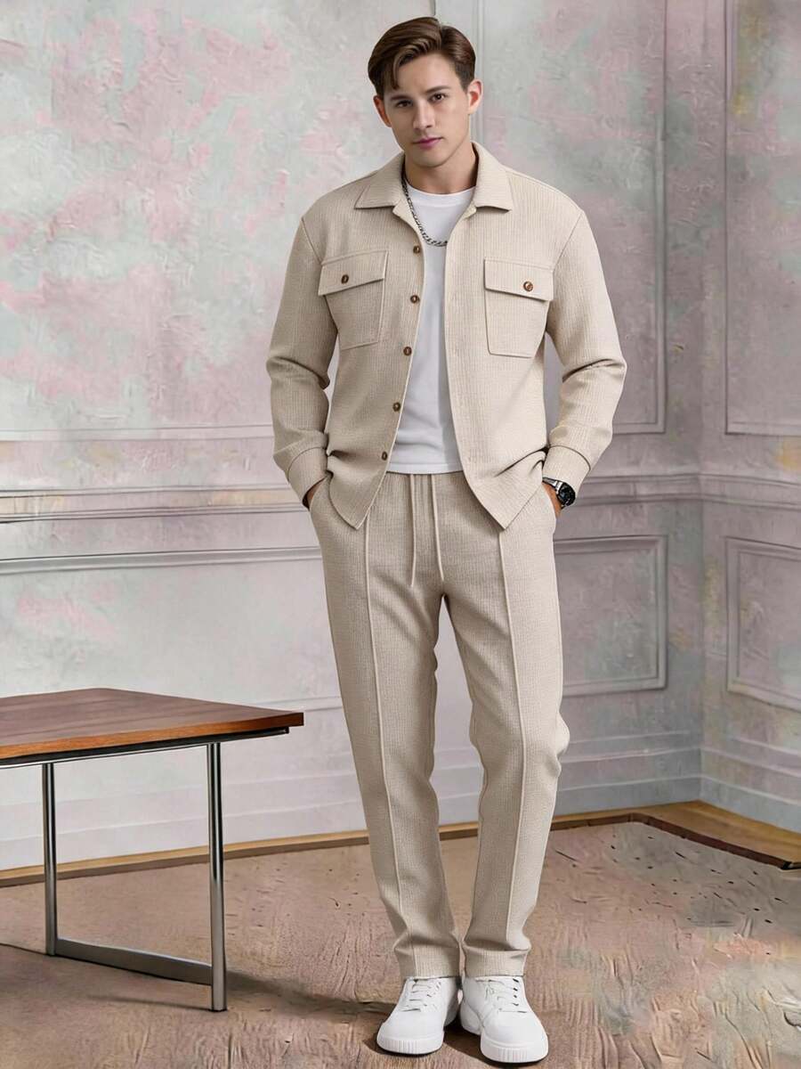 2pcs Men's Casual Solid Color Shirt With Dual Pockets & Collar + Pants Set, Lightweight Sporty Vacation Outfit, - Khaki - View 1