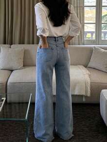 Celana Jeans Denim Panjang Kasual Wanita, Potongan Lurus, Kancing Depan, Elastisitas Sedang, Warna Biru Sedang, Ciptakan Tampilan Elegan Sehari-hari di Musim Gugur - Medium Wash - View 3