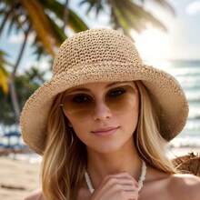 1pc Straw Bucket Hat, Wide Brim Sun Hat, Foldable Beach Hat, Women's Summer Sun Protection Hat - Khaki - View 2