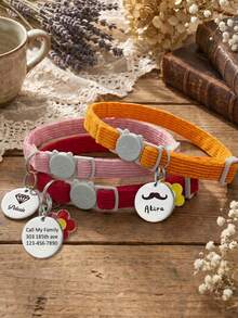 Personalized Soft Corduroy Pet Collar With Sounding Bell And Flower Pendant, Adjustable Buckle Cat Collar, Small Dog ID Tag With Customizable Name Phone Number, Engraved Stainless Steel Pet ID Name Pendants - Multicolor - View 5