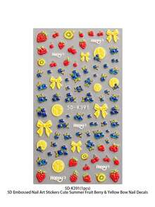 QIANJIKU Sweet Style 5D 3D Embossed Nail Art Stickers, Red Strawberry Cherry Yellow Bow, Summer Picnic Music Festival Salon Nail Artist Supplies - Multicolor - View 7