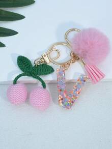 1pc Resin Starry Sky Epoxy English Letter Keychain With Tassel And Black Fur Ball Decoration, Heart Pendant Gift For Friend And Mom - Baby Pink - View 35
