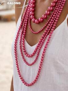 Collar de perlas multicapa versátil y exquisito hecho a mano para banquetes - Rosa Fucsia - Ver 4