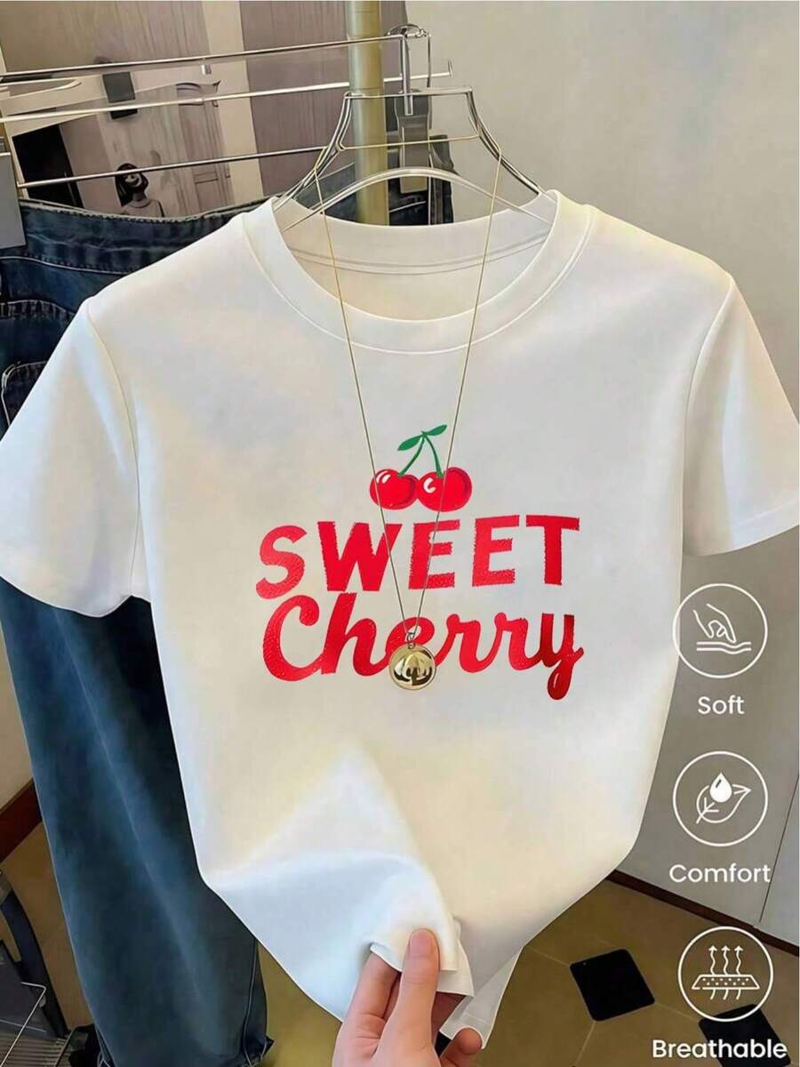 YOCASA Women's Summer T-Shirt With Round Neck And Short Sleeves, Oil Painting Print With Floral Heart And Letter Design, Casual, Simple And Sporty Style For Everyday Wear - YH126-白色 - 查看 1