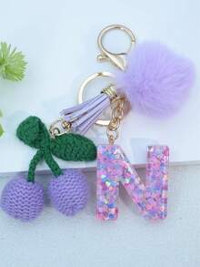 1 buah Gantungan Kunci Huruf Inggris Resin Bermotif Langit Berbintang dengan Hiasan Rumbai dan Bola Bulu Hitam, Liontin Hati, Hadiah untuk Teman dan Ibu - Mauve Purple - View 30