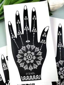 2 Pairs Floral Henna Hollow Stencil Mandala Flower Hand & Foot DIY Tattoo Template, Reusable Self-Adhesive Stencil For Wedding, Exotic Style, Festival Decoration - Black - View 8