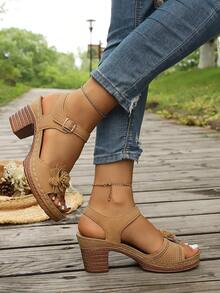 Sweet Pink Floral Chunky Heel Sandals, Ankle Strap Platform Heels, Height Increasing Dress Shoes For Daily Dating - Brown - View 3