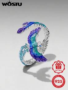 WOSTU 1件 925純銀鳳凰開口戒指，琺瑯工藝，動物造型，獨特設計，鑲嵌立方氧化鋯，適合女性，時尚派對配件，禮物首選 - BSR733-E - 查看 2