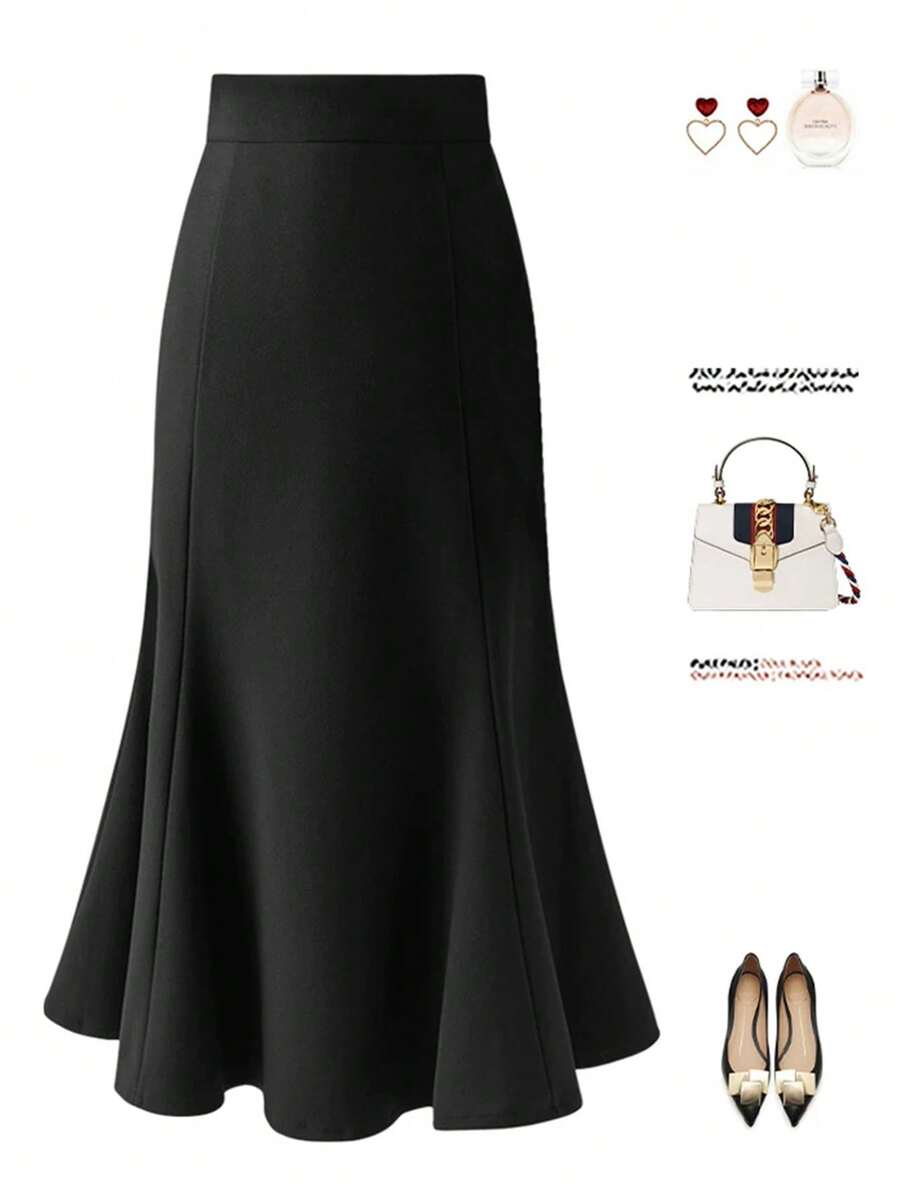 Plus Size Women's Mermaid Tail Skirt, Suitable For Spring And Autumn Commute, Office, Banquet, Versatile Long Skirt, High Waist Slim Fit, Elastic Fabric - Black - View 1