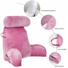 Adult Reading Pillow With Arms, Back Support Cushion For Bed, Detachable Washable Cover With Pocket, Ideal For Reading & Relaxing - Pink - View 9