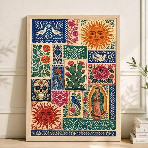 1 Pc Mexican Folk Art Collage Print, Boho Southwestern Wall Decor, Vintage Textile Poster, Wall Art, Wall Decor, Modern Minimalist Style Posters, Living Room And Room Decoration, Bathroom Decoration, Ideal Gift, No Frame