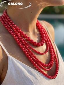 Collar de perlas de varias capas hecho a mano, exquisito y versátil para banquetes - Rojo - Ver 5