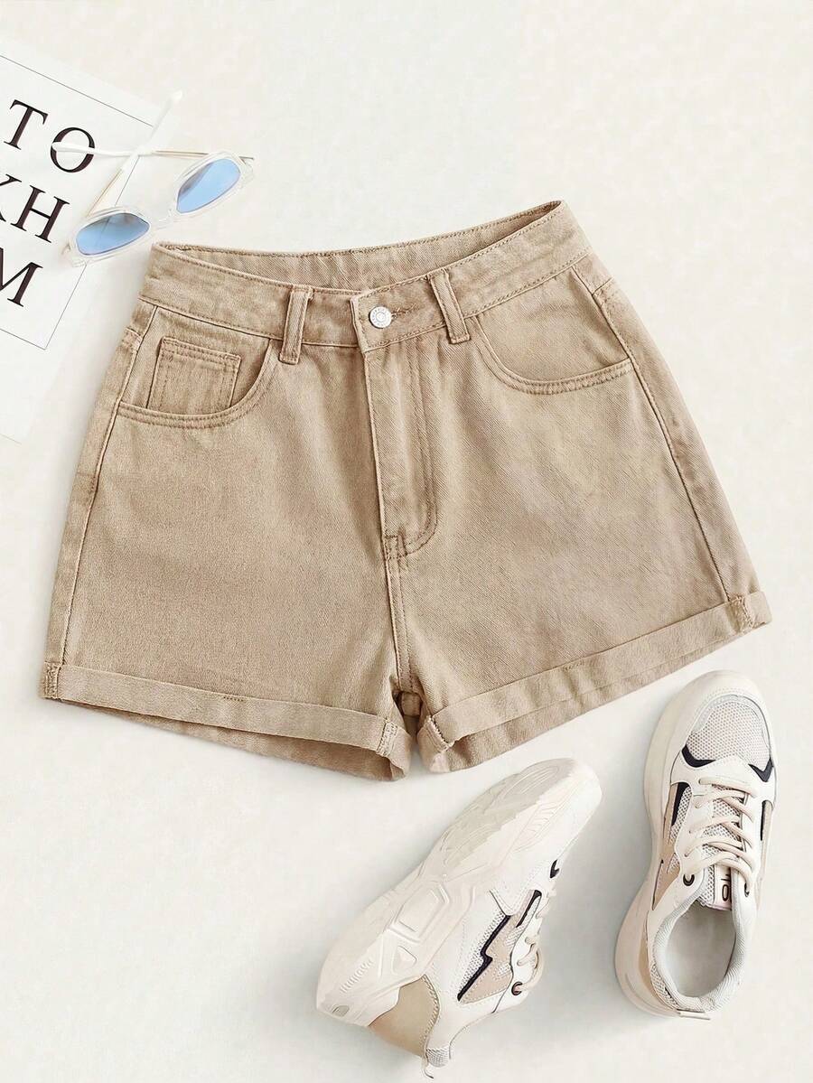 Summer Rolled-Up High-Waisted Denim Shorts - Khaki - View 1