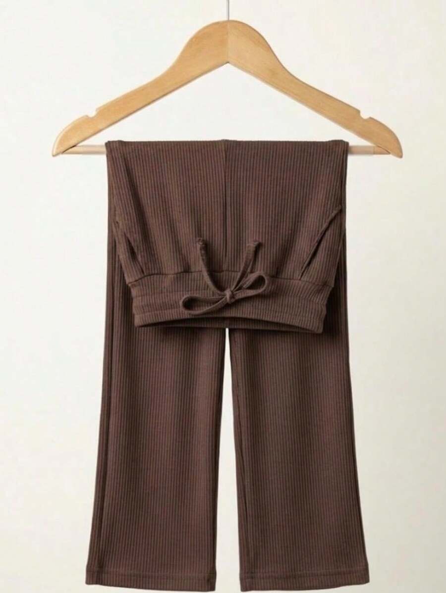 Girls' Wide-Leg Pants, Blogger Style, Ribbed Cotton Fabric With Pocket, Comfortable And Soft. - Coffee Brown - View 1