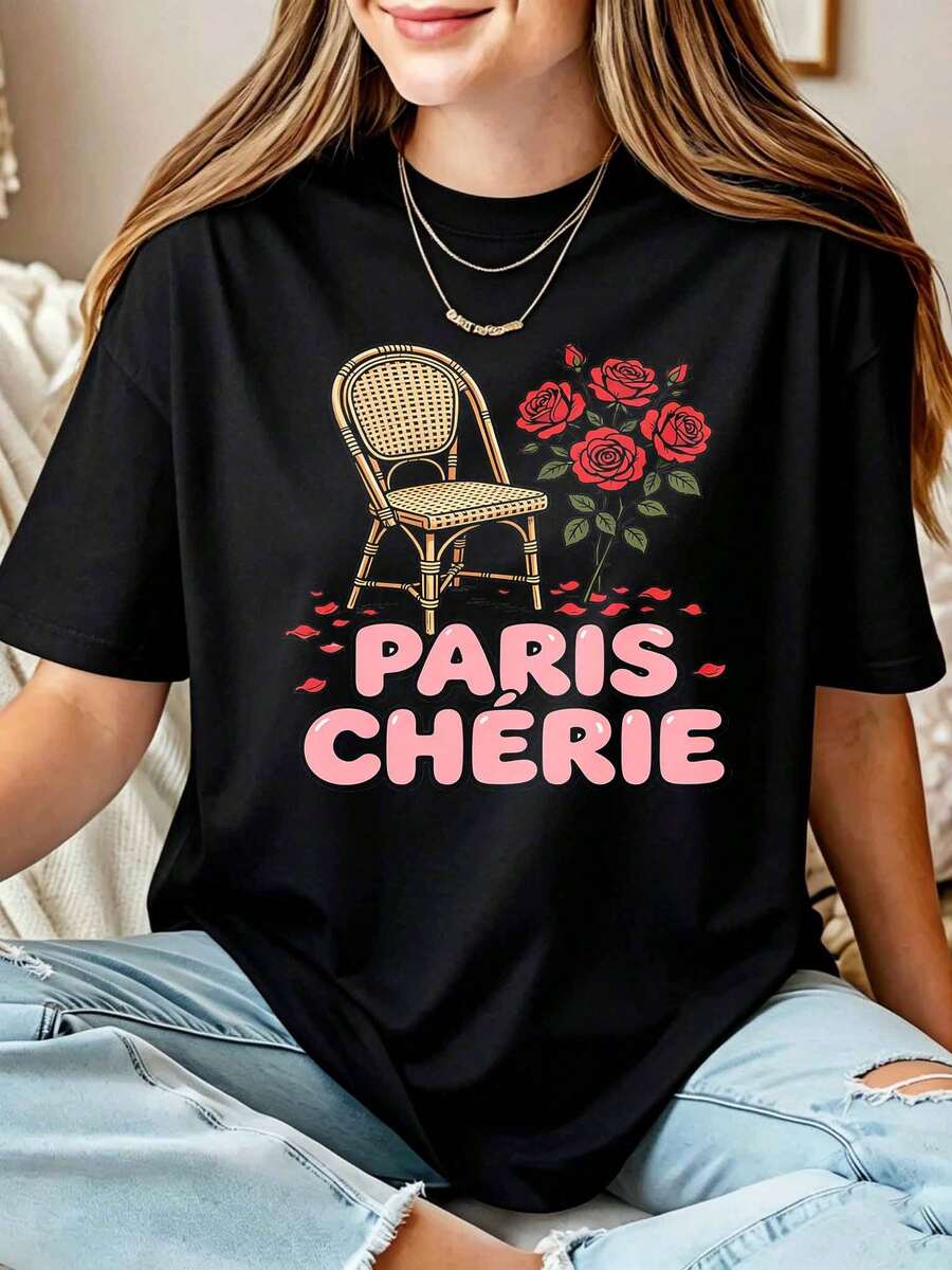 Paris Rose Chair Women's T-Shirt - 黑色 - 查看 1
