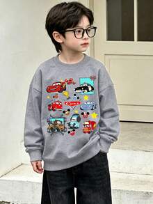 Disney Cars Collage Print Crewneck Sweatshirt,Teen Boy Clothes,Tween,Kids Clothes,Boys Clothing,Can Be Used As A Gift,Suitable For Boys And Girls - 灰色 - 查看 1