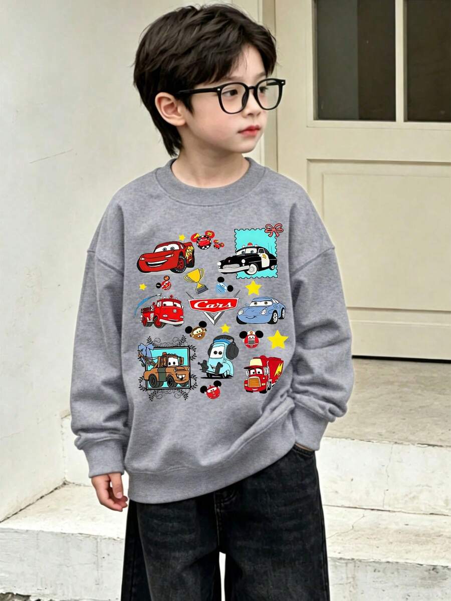 Disney Cars Collage Print Crewneck Sweatshirt,Teen Boy Clothes,Tween,Kids Clothes,Boys Clothing,Can Be Used As A Gift,Suitable For Boys And Girls - 灰色 - 查看 1