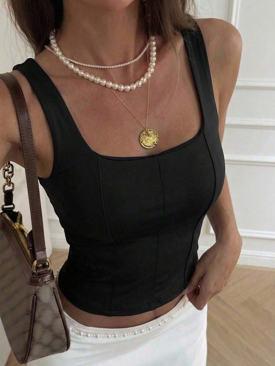 Solid Color Fitted Tank Top For Summer Vacation - Black - View 1