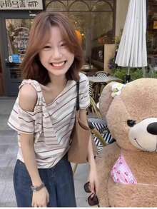 韓式拼接條紋不對稱單肩短袖女款夏季設計小眾吊帶上衣 - 杏色 - 查看 6