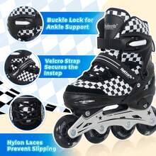 Adjustable Inline Skates For Kids Teens, PU Wheels Blades Roller Skates With Checkerboard Design For Boys Girls - Black - View 3