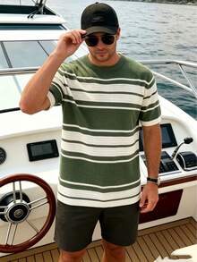 Men's Fashion Round Neck Striped Knit Casual Short Sleeve Top - Green - View 7