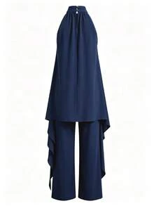 Summer Elegant Purple Halter Neck Asymmetric Two Pieces Set, Halter Neck High Collar Sleeveless Asymmetric Top With Wide Leg Pants - Dark Blue - View 8