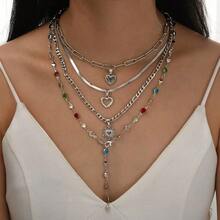 4pcs/Set Colorful Rhinestone Heart Pendant Tassel Necklace Set, Versatile Niche Luxury Elegant Collarbone Layered Jewelry - Gold - View 3