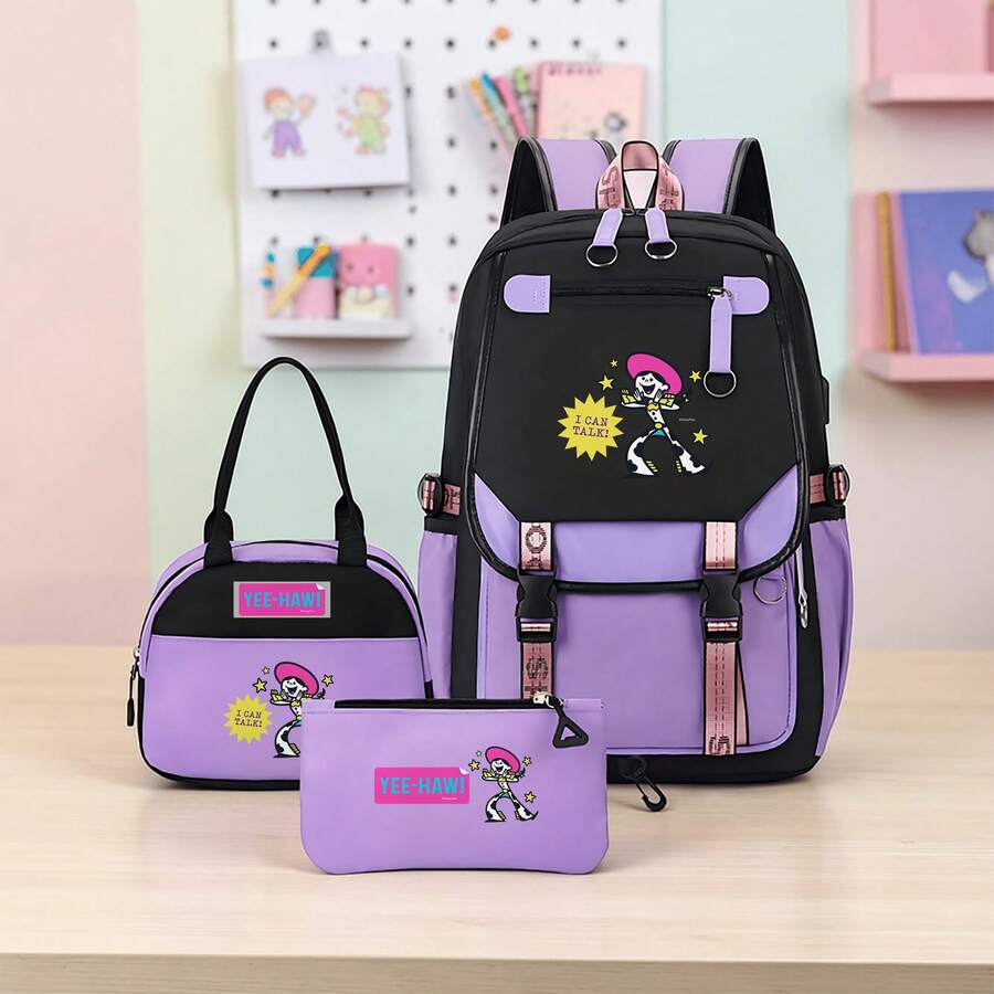 Toy Story 3-In-1 Backpack Set, Casual Daypack With Tote Bag And Pencil Pouch, Jessie "Yee-Haw!" Print Black & Purple Lightweight Bookbag For Daily Use - Color 1 - View 1
