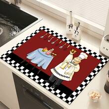 1pc Home Decor Chef Pattern Printed Dish Drying Mat, Absorbent Countertop Mat For Espresso Machine, Sink Drain Mat, Kitchen And Bathroom Supplies - Multicolor - View 6