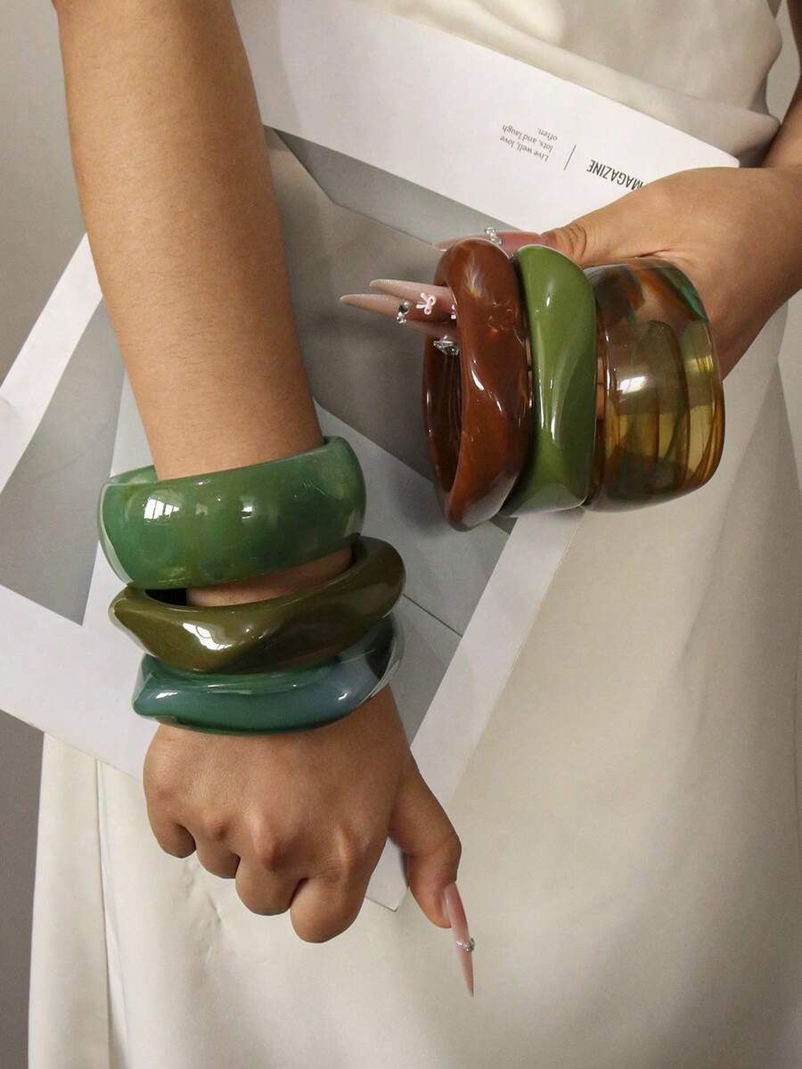 Set Of 3 Unique Bracelets For Women, Elegant, Luxurious, Modern, Wide, Gradient Resin, Color May Vary, Lot - 綠色 - 查看 1