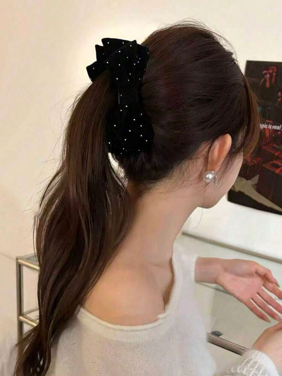 1件女款純色植絨水鑽裝飾雙層蝴蝶結大號髮夾,優雅甜美風,適合學校、派對、舞蹈與日常配戴,情人節禮物 - 黑色 - 查看 1